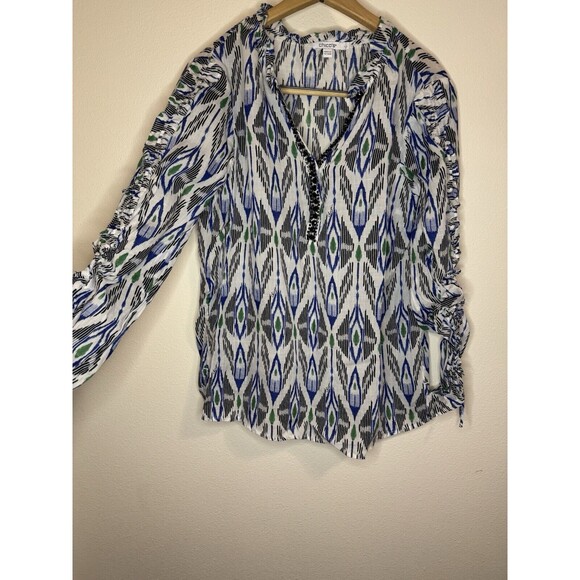 Chicos Blouse V Neck Ikat Beaded Spell Out Black White Size 1/8 Gathered Sleeves - Picture 2 of 9